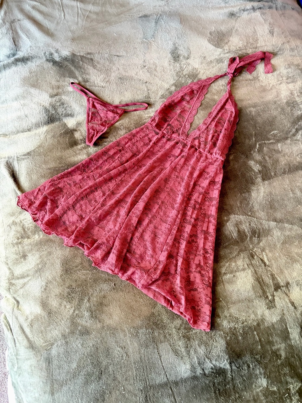 Frederick's of Hollywood Burgandy Lace Halter Chemise with Thong